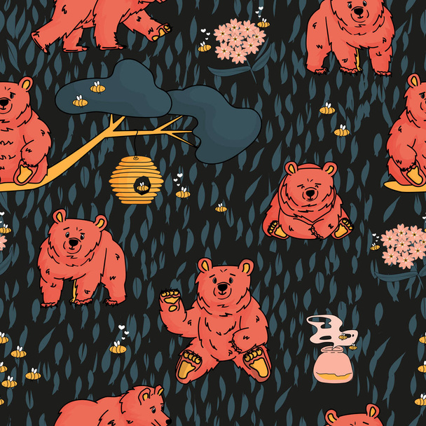 Seamless repeat pattern of hand drawn bears that walk and sit, honey, forget me nots, beehive, smell of honey, tree, branch, bees. Dark background - Vector, Image