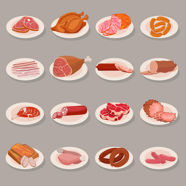 Set di prodotti a base di carne su un piatto. Pollo arrosto e costolette, salsiccia, salame e prosciutto - Vettoriali, immagini