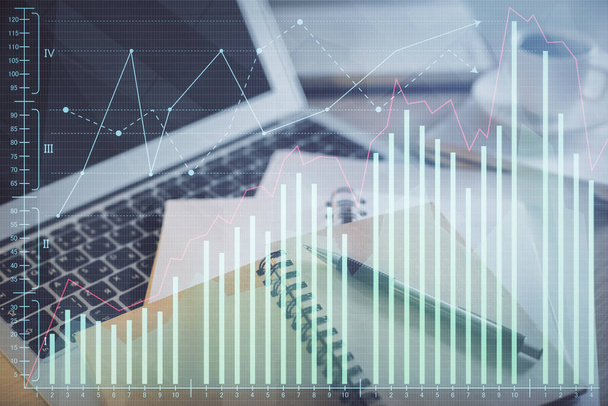 Double exposure of financial chart drawing and desktop with coffee and items on table background. Concept of forex market trading - Zdjęcie, obraz
