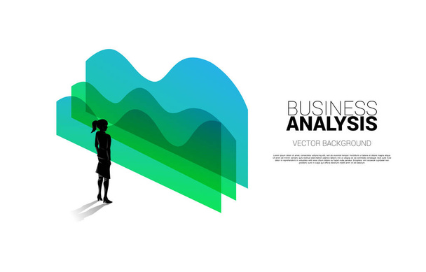 Silhouette einer Geschäftsfrau, die mit Grafik steht. Konzept der Geschäftsinformation und Datenanalyse. - Vektor, Bild