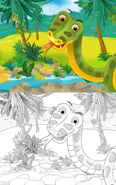 cartoon scene with wild animal snake in nature - illustration for children - 写真・画像