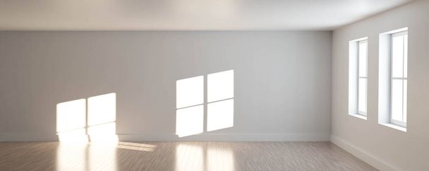 chambre blanche abstraite avec fenêtres éclairage diffus design d'architecture moderne avec plancher en bois illustration de rendu 3D - Photo, image