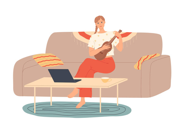 Mädchen zu Hause sitzt auf dem Sofa und spielt Gitarre - Vektor, Bild
