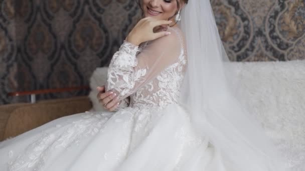 Beautiful, lovely bride in wedding luxury dress and veil. Pretty gorgeous woman - Footage, Video