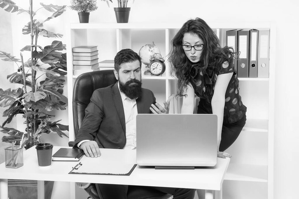 Managerial skills at work. Office meeting. Boosting creativity. Corporate strategy. Legal adviser. Office secretary. Business couple working. Couple in office. Man and woman boss manager director - Fotoğraf, Görsel