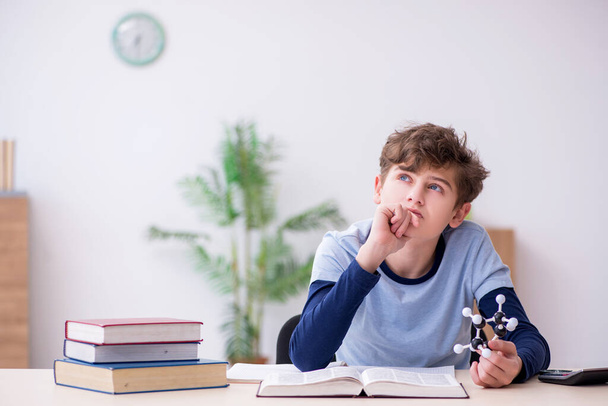 Schoolboy olhando para modelo molecular em casa - Foto, Imagem