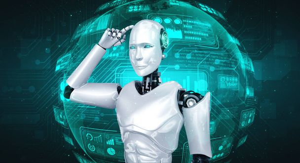 Pensant robot humanoïde AI analyse écran hologramme montrant concept big data - Photo, image