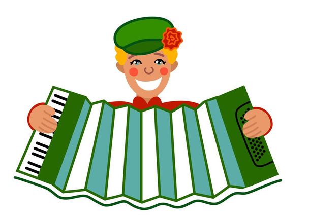 A cheerful male musician plays the accordion, a concert at a folk festival. - Vector, Image