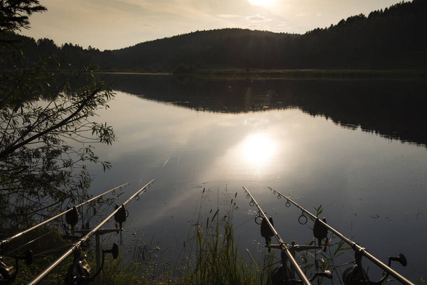 carp fishing,  professional fishing equipment. Carp fishing rods  on the lake - Фото, зображення