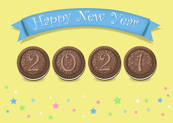 Feliz Año Nuevo 2021. Número de color marrón artístico como galletas de chocolate con crema blanca. Fondo amarillo con estrellas. Banner azul con texto blanco. Ilustración vectorial - Vector, imagen