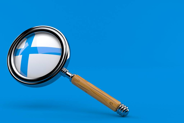 Увеличительное стекло с финским флагом изолировано на синем фоне. 3d иллюстрация - Фото, изображение