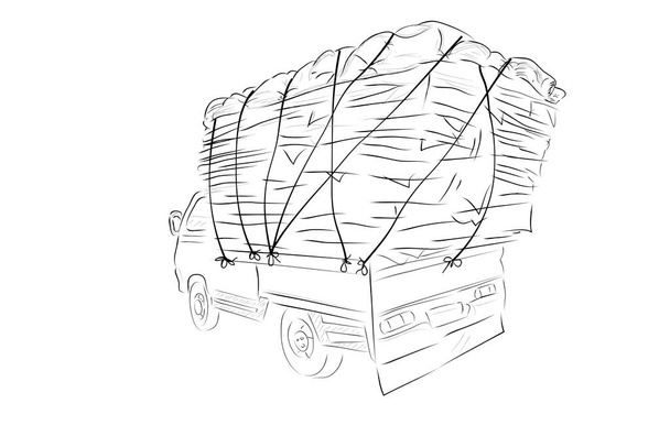 Vector χέρι σχέδιο σκίτσο, πάνω από το φορτίο ή μεταχειρισμένο χαρτόνι pickup αυτοκινήτου - Διάνυσμα, εικόνα