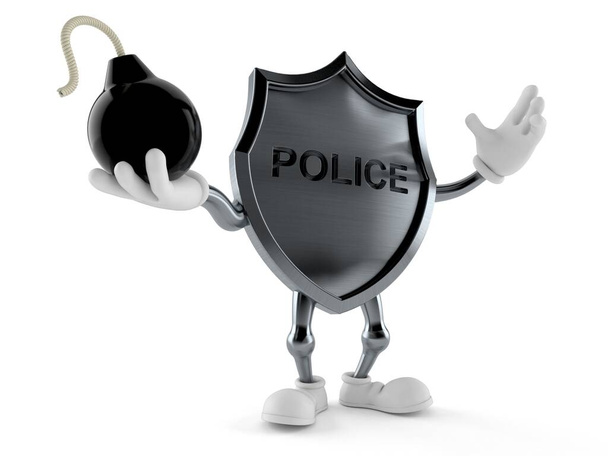 Персонаж полицейского значка держит бомбу на белом фоне. 3d иллюстрация - Фото, изображение
