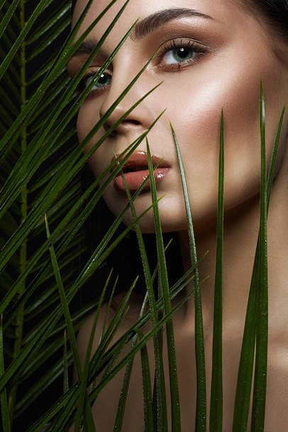 beautiful girl in palms. Beautiful woman with Make-up. Beauty Portrait. wild woman in Jungle. - Foto, Imagem