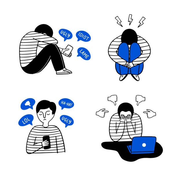 Cyberbullying theme with a sad guy. Internet abuse. Vector doodle illustration. - Vector, Image