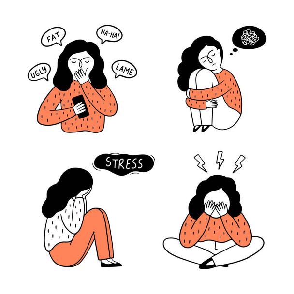 Cyberbullying concept. A set of a girl experiencing different emotions such as fear, sadness, depression, stress. Vector hand-drawn illustration. - Vector, Image