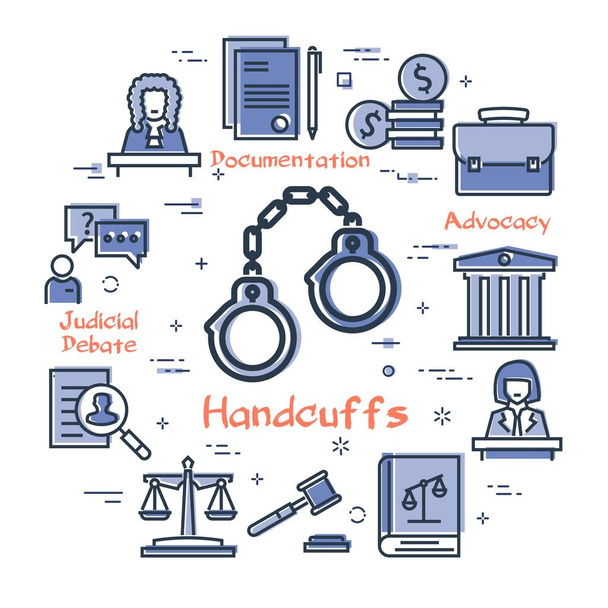 Vector line banner of legal proceedings - handcuffs icon - Vector, Image