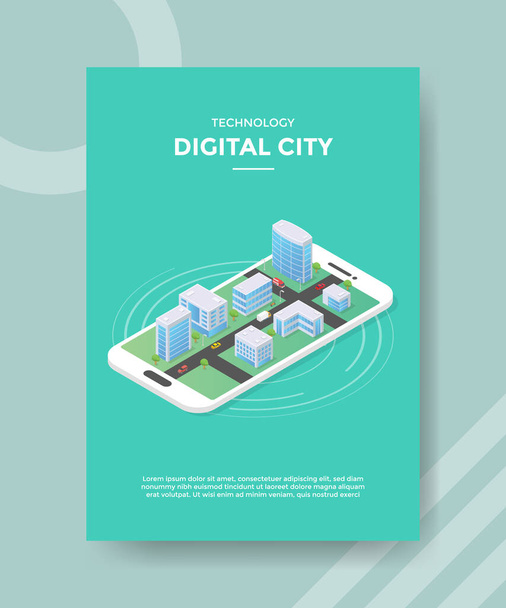 технологія цифрового будівництва міста на смартфоні для шаблону банерів, флаєрів, обкладинки книг, журналів зі стилем рідини Векторний дизайн
 - Вектор, зображення