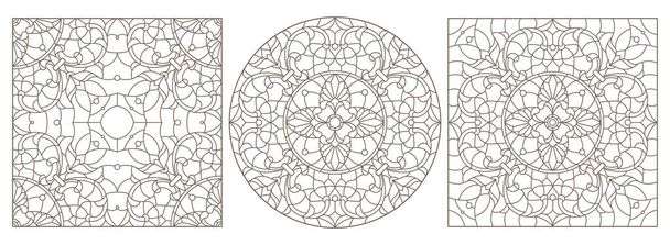 Versetzte Konturabbildungen von Glasmalerei mit abstrakten Wirbeln und Blumen, dunkle Umrisse auf weißem Hintergrund - Vektor, Bild