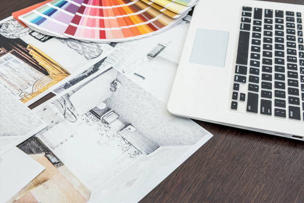 mimarlık işi - yardım için renk paleti ile çizim planları çizmek. - Fotoğraf, Görsel