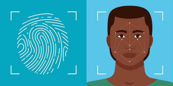Identifikujte osobu skenováním obličeje a otisků prstů. Koncept biometrických prvků. - Vektor, obrázek