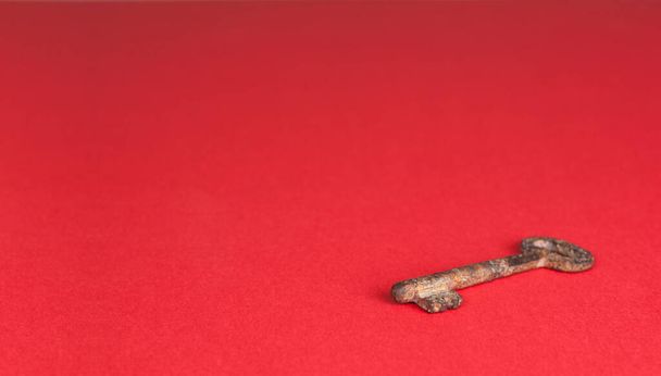 Old rusty key on a red background. Knowledge concept - Foto, Bild