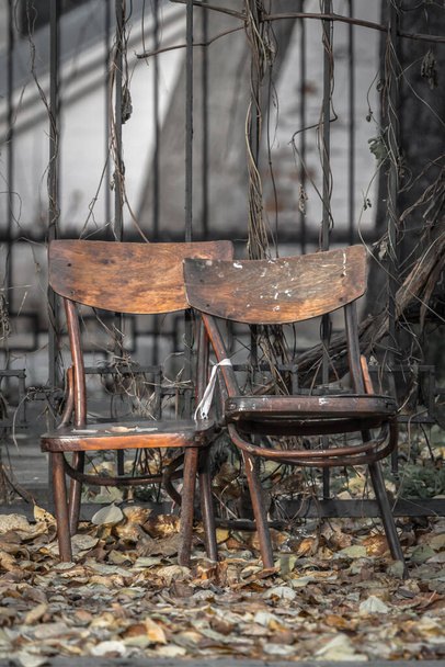 İki boş sandalye. Eski ahşap mobilyalar. Kırık sandalyeler. Çöpe atılmış paçavralar. Sonbahar solgunluğu. İki parça. Dış mekan eşyaları. Yalnızlığın ve yaşlılığın sembolü. Boşluk ve işe yaramazlık kavramı.. - Fotoğraf, Görsel