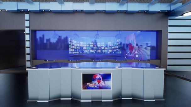 News Studio, Backdrop για τηλεοπτικές εκπομπές .TV On Wall.3D Virtual News Studio Background, 3D illustration - Φωτογραφία, εικόνα
