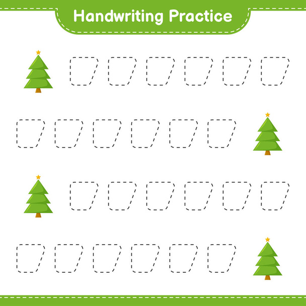 Kézírás gyakorlat. A karácsonyfa nyomvonalait követem. Oktatási gyermek játék, nyomtatható munkalap, vektor illusztráció - Vektor, kép