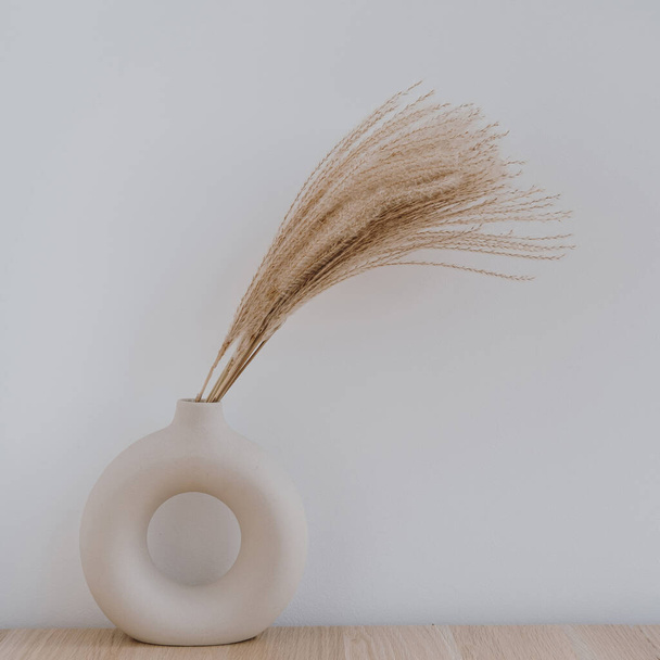 Flauschiges Pampasgras / Schilf in stilvoller Vase vor weißer Wand. Minimale Inneneinrichtung. Stylisches Konzept für Blogger. Pariser Stimmung. - Foto, Bild