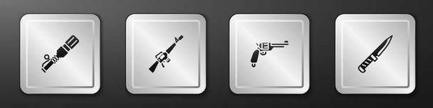 Set Anti-tank hand grenade, M16A1 rifle, Revolver gun and Military knife icon. Silver square button. Vector. - Vector, Image
