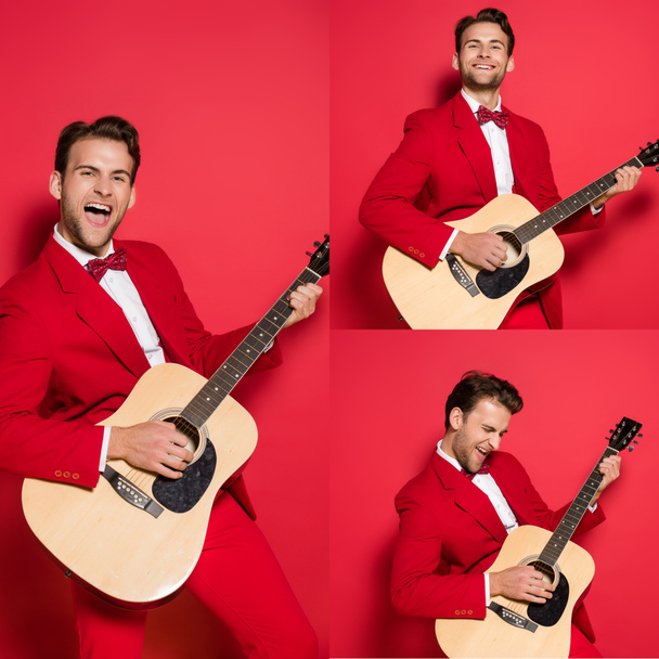 Collage of cheerful man in suit playing acoustic guitar on red background - Fotoğraf, Görsel