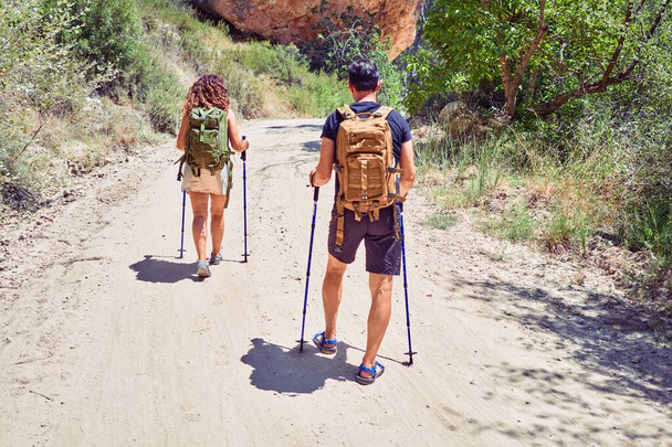Gyönyörű pár túrázó a hátsó nézet visel hátizsák túrázás segítségével túrázó bot az erdőben - Fotó, kép