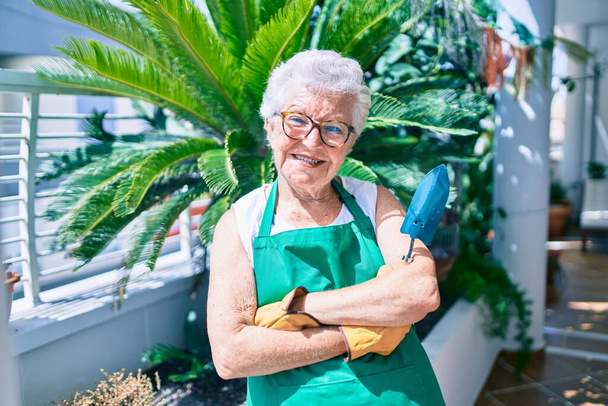 手袋と庭師のエプロンを身に着けている灰色の髪を持つシニア女性自宅で植物をガーデニング - 写真・画像