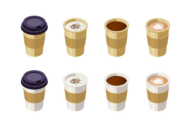 白い背景にコーヒーの異なるタイプのアイソメトリックカップのベクトルイラスト。カプチーノ,アメリカーノ,ココアパウダーとラテ,カバーアップ.カフェ・レストランメニューデザインコンセプト. - ベクター画像