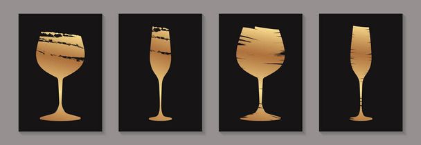 Plantillas de tarjetas de lujo abstractas modernas para la invitación a la degustación de vinos o menú de bar y restaurante o pancarta o logotipo con copas de oro en estilo grunge sobre un fondo negro. - Vector, Imagen