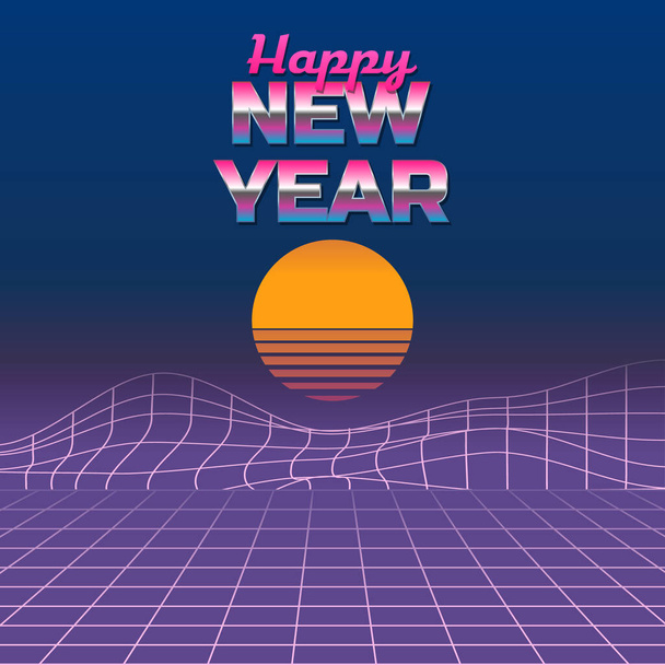 colorful vector illustration of inscription Happy New Year in the style of the 80's with a grid in the form of a mountainous landscape and an abstract solar circle - Vector, Image