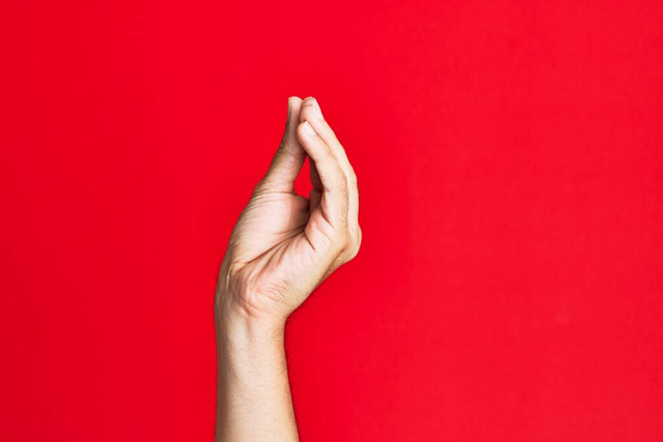 Arm of caucasian white young man over red isolated background doing italian gesture with fingers together, communication gesture movement  - Photo, Image