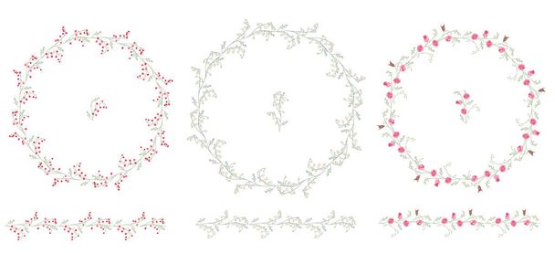 Detailed contour wreathes with flowers and herbs isolated on white. Round frame for your design, greeting cards, wedding announcements, posters.Seamless pattern brushes. - Vektor, obrázek