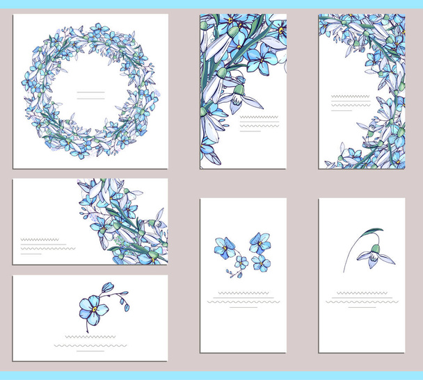 Greeting cards with different floral elements for season and festive design - Wektor, obraz