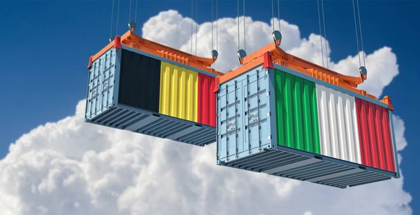 Грузовые контейнеры с национальными флагами Италии и Бельгии. 3D рендеринг  - Фото, изображение