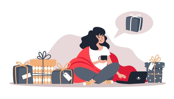 Woman buys gifts in online store, New Year's and Christmas online shopping from home. Vector illustration in flat style - Wektor, obraz