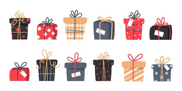 Conjunto de presentes de Natal, presentes de Ano Novo, caixas de presente com fitas, ilustração vetorial em estilo plano - Vetor, Imagem
