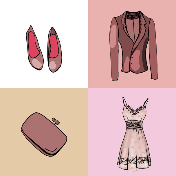 Isolated woman clothes. Set with glamour things. - Vector, afbeelding