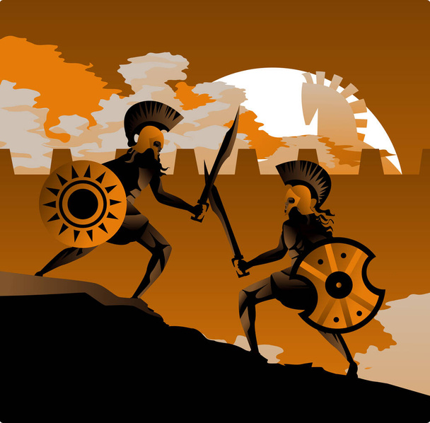 oranje en zwarte figuren van troy war with achilles fighting - Vector, afbeelding