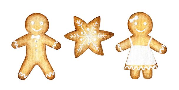 Een set kerstkoekjes. Aquarel Set van verschillende peperkoek koekjes voor Kerstmis. Nieuwjaarskoekjes in de vorm van kerstpersonages. Geïsoleerd op een witte achtergrond Handgetekend. - Foto, afbeelding