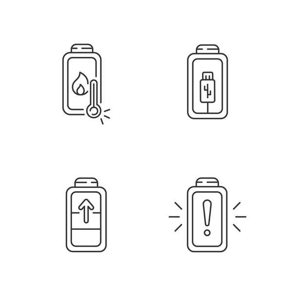 Battery cable charging process linear icons set. Overheating troubles. Device working process risks. Customizable thin line contour symbols. Isolated vector outline illustrations. Editable stroke - Vektori, kuva