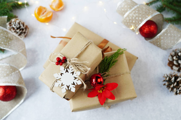 Christmas vintage presents on a gray background with decorations - Zdjęcie, obraz
