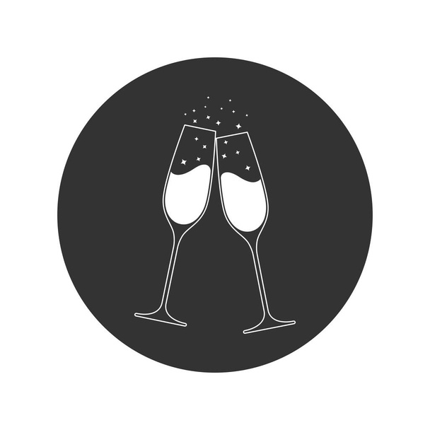 Cink brýle šampaňské grafické ikony. Cheers se dvěma sklenicemi šampaňského znamení v kruhu izolované na bílém pozadí. Vektorová ilustrace - Vektor, obrázek