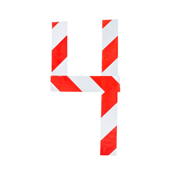 Číslo 4 je vyrobeno z červené a bílé výstražné pásky. Izolováno na bílém pozadí - Fotografie, Obrázek